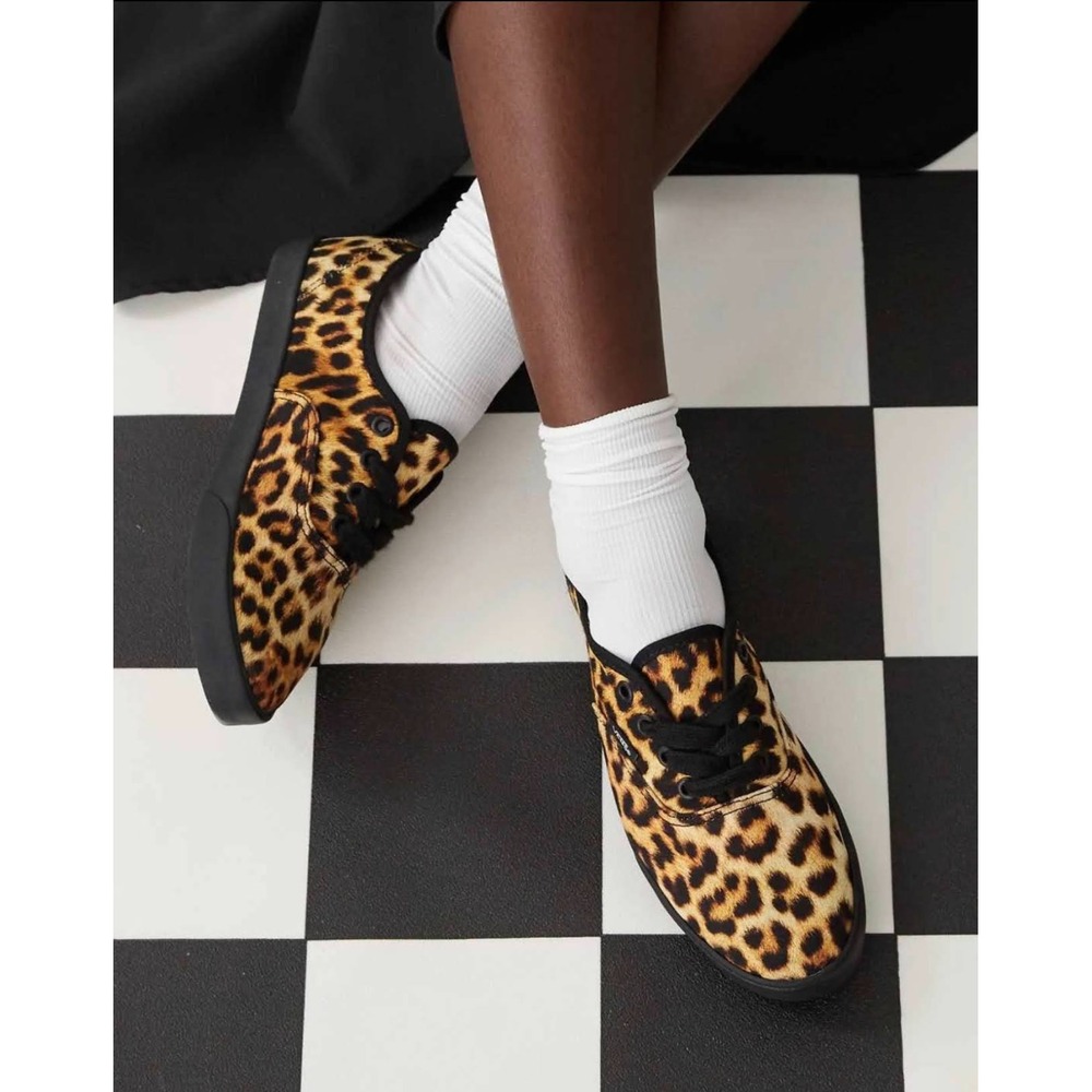 Unisex Sz M6.5/W8 Vans Authentic Shoes Lowpro Leopard Print Black Brown Lace-Up